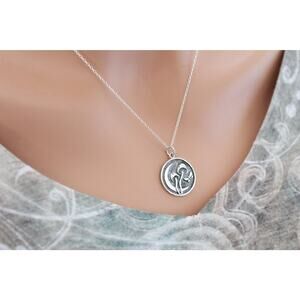 Sterling Silver Etched Mushroom and Moon Pendant Necklace